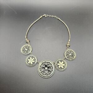 Statement Bib Necklace Antique Silver Tone Black Cream Floral Medallion Boho